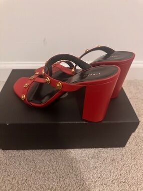 Versace Red Block Heel Sandals with Gold Medallion Studs